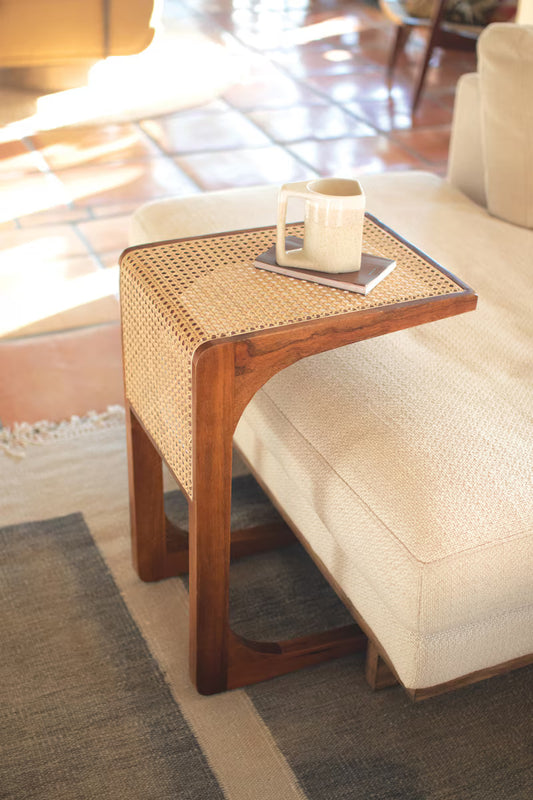 Wood Sofa Table with Woven Cane Detail