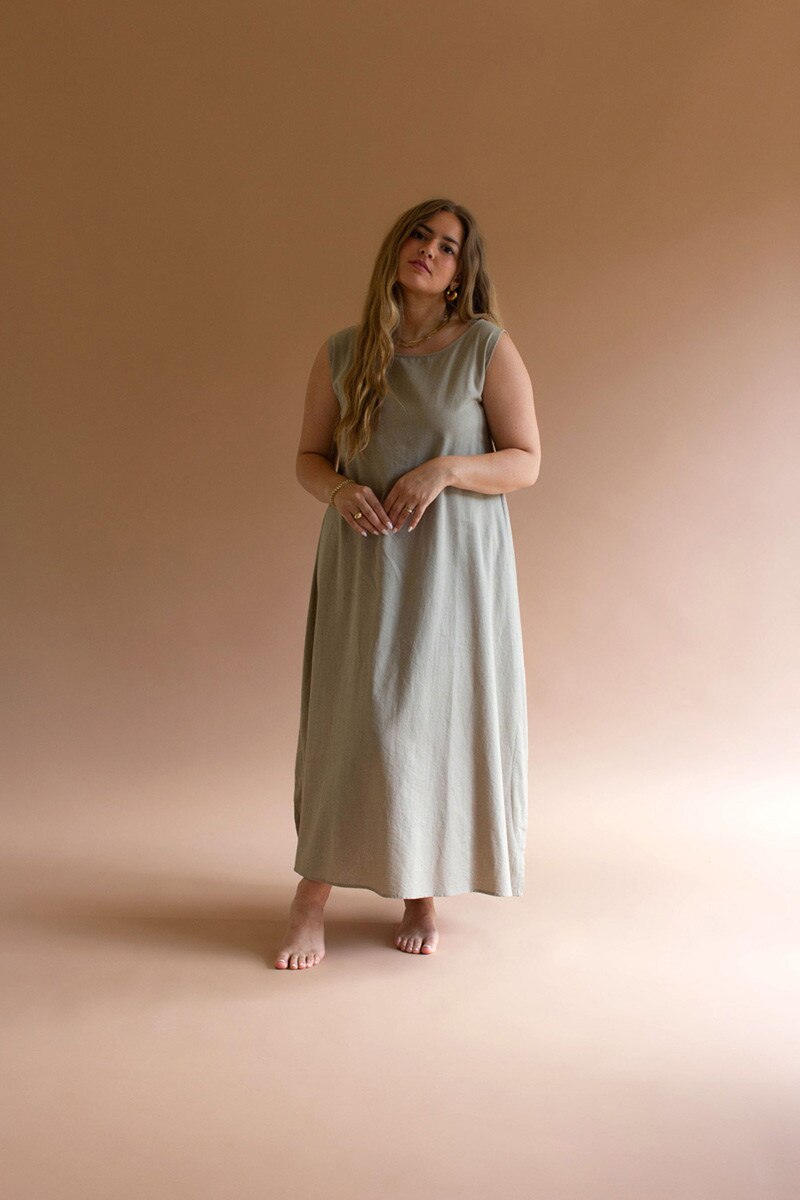 Fog and Pistachio Sleeveless Double-Sided Tie Dress