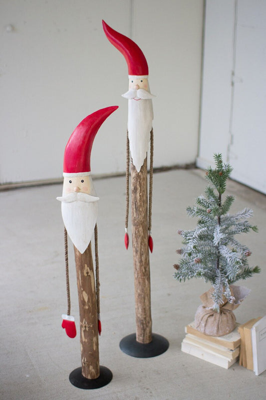 Set of 2 Tall Wood and Painted Metal Santas