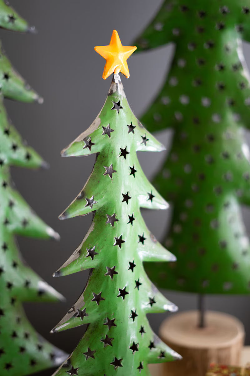 Set of 3 Recycled Iron Christmas Trees on Wood Bases