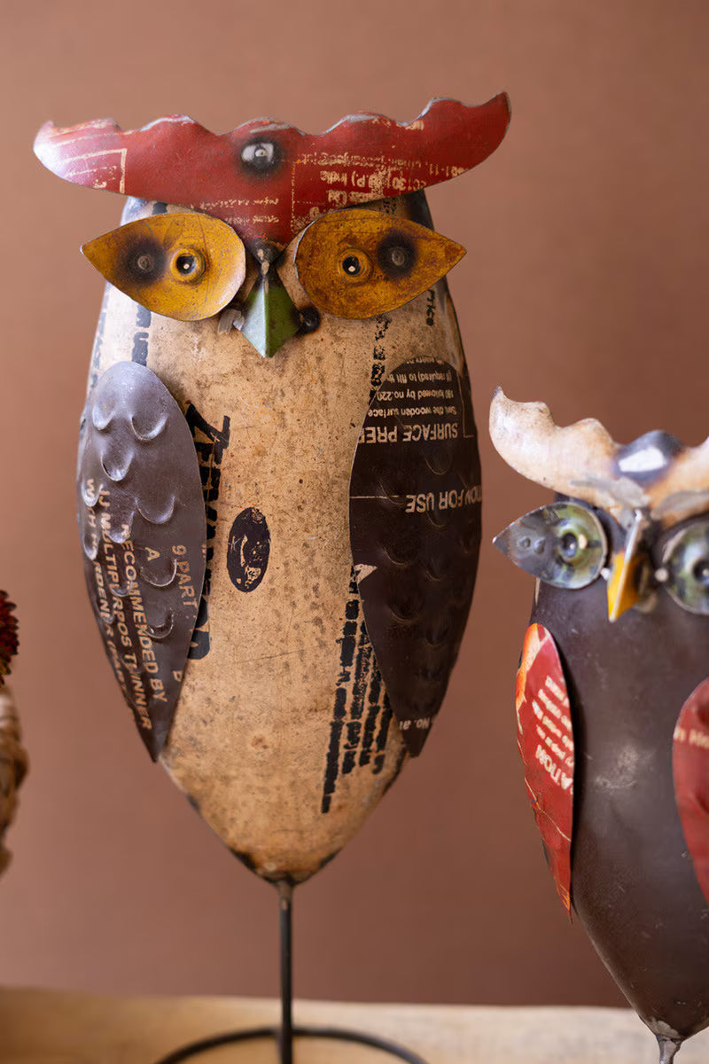 Set of 2 Recycled Iron Owls on Stands