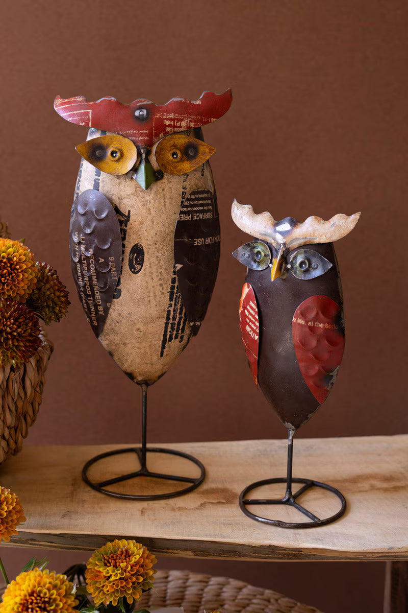 Set of 2 Recycled Iron Owls on Stands