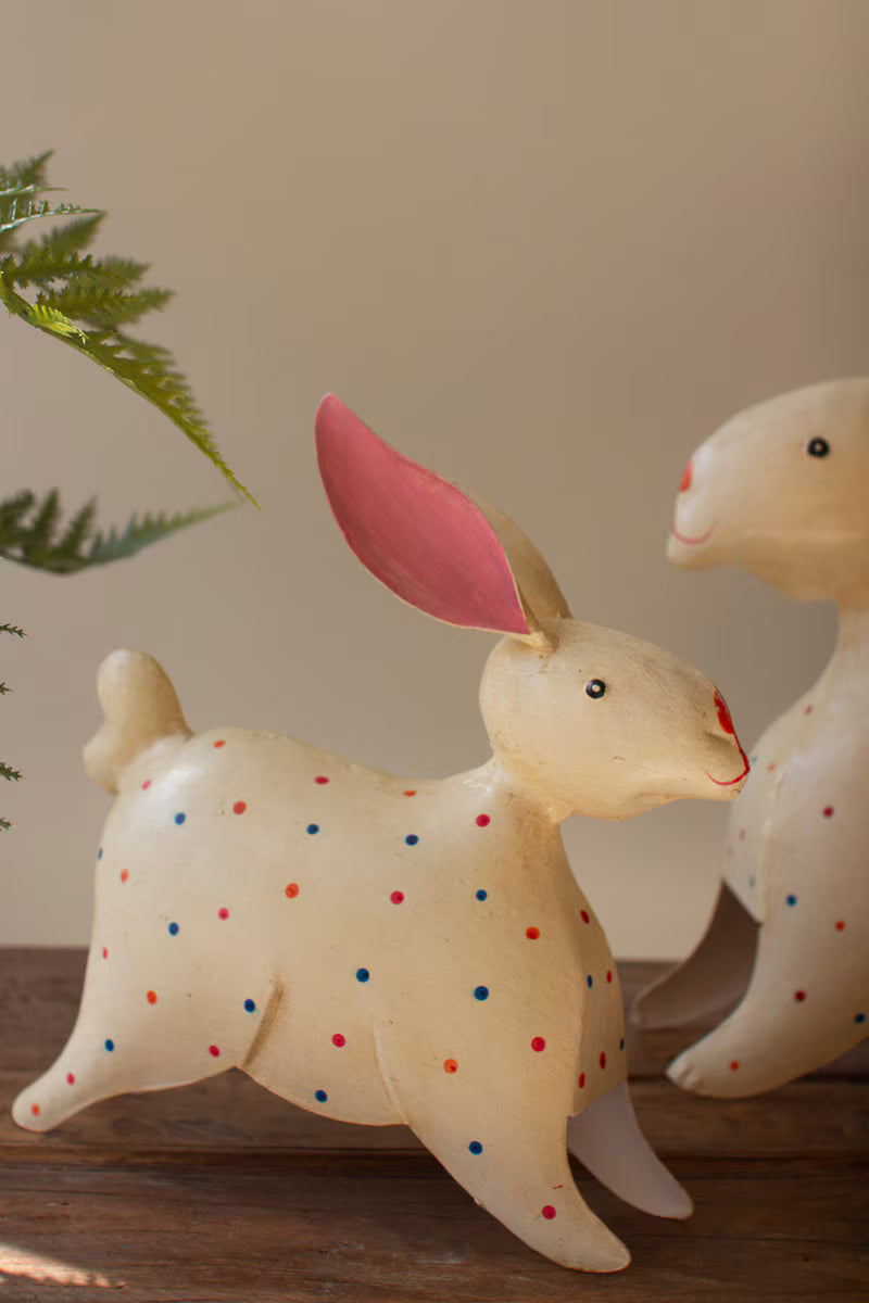 Set of 2 Painted Iron Rabbits with Polka Dots
