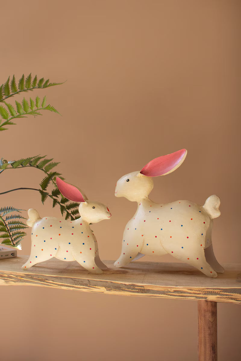 Set of 2 Painted Iron Rabbits with Polka Dots