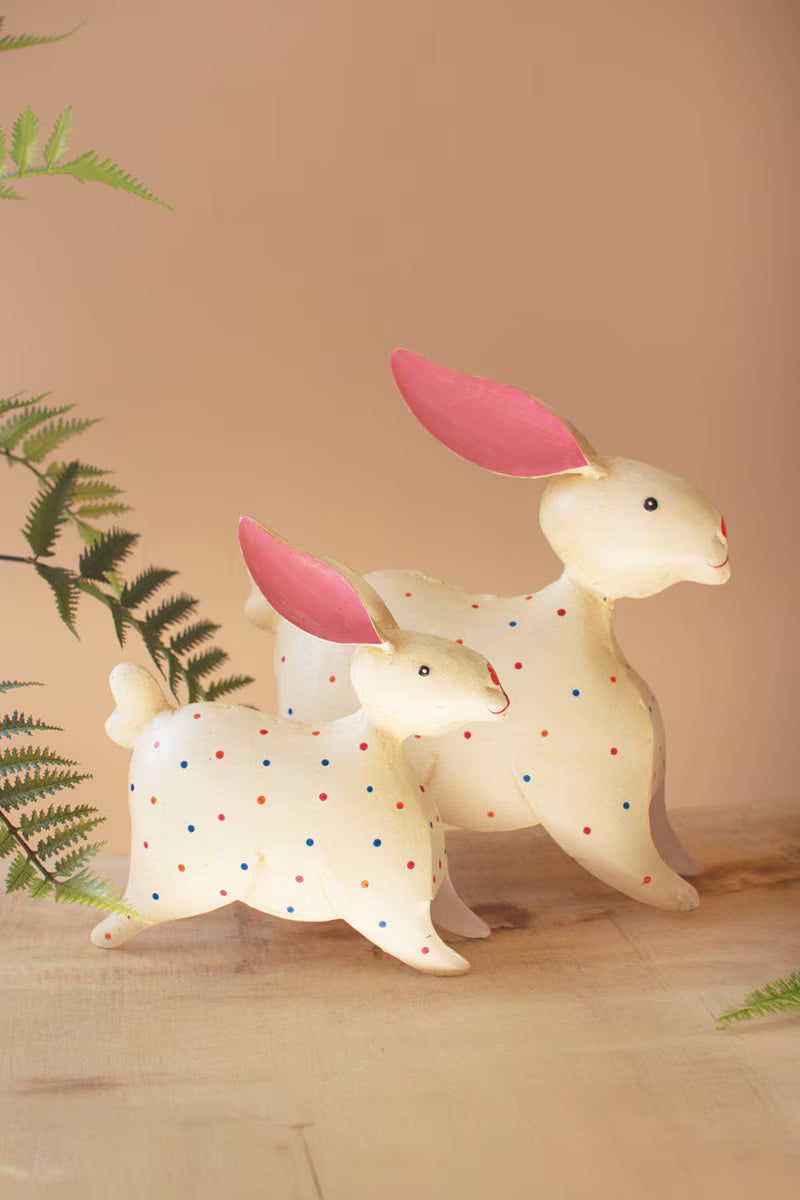 Set of 2 Painted Iron Rabbits with Polka Dots