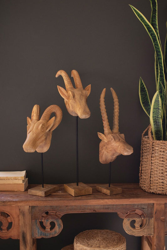 Set of 3 Carved Mango Wood African Animal Heads