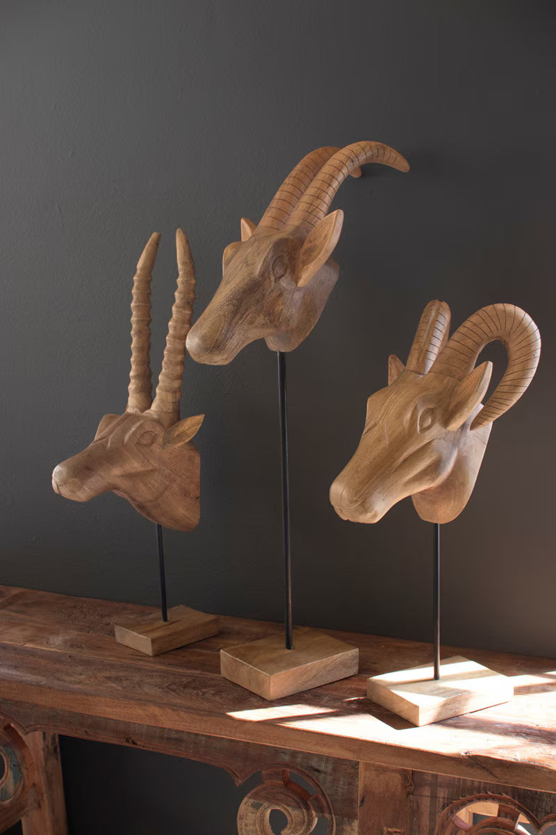 Set of 3 Carved Mango Wood African Animal Heads