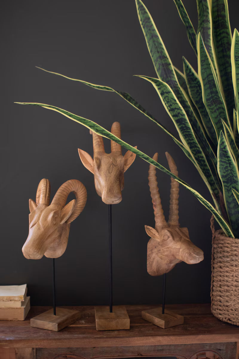 Set of 3 Carved Mango Wood African Animal Heads