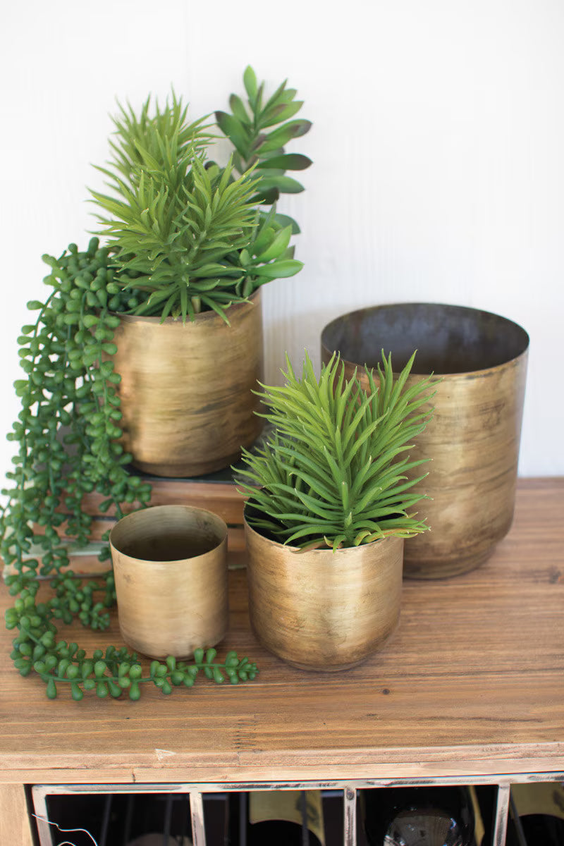 Set of 4 Metal Aged Brass Flower Pots