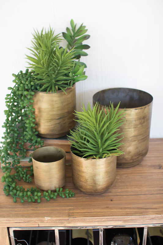Set of 4 Metal Aged Brass Flower Pots