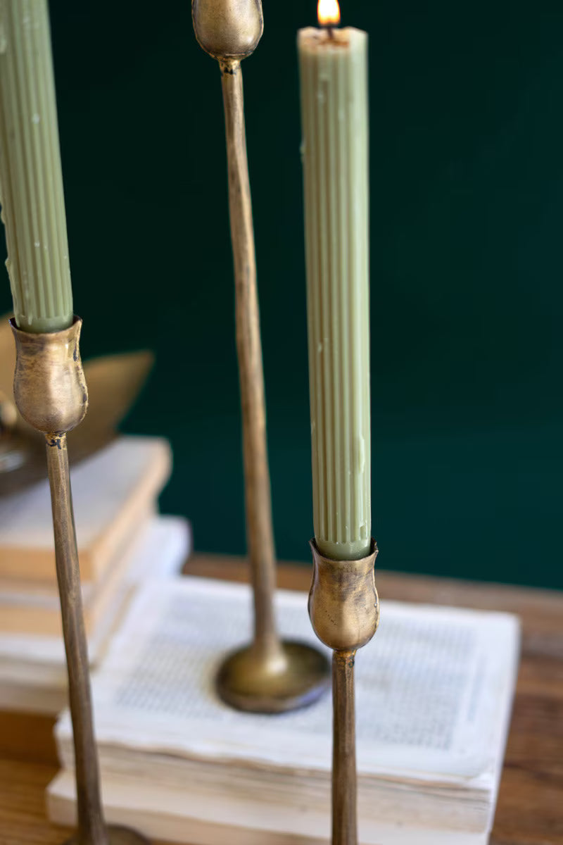 Set of 3 Antique Brass Finish Metal Taper Candle Holders