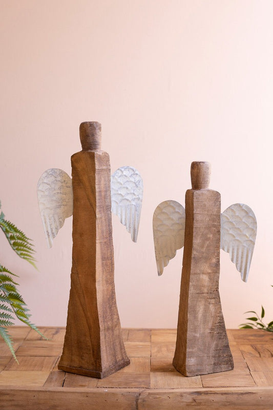 Set of 2 Recycled Wood Angels with Metal Wings