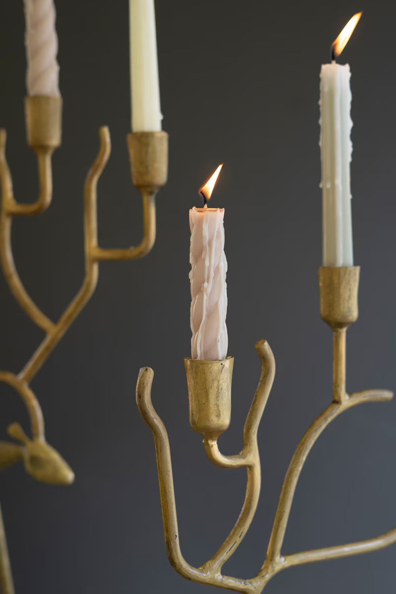 Set of 2 Antique Gold Forged Iron Christmas Deer Candelabras