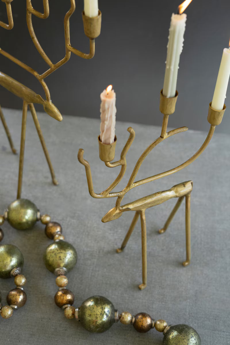 Set of 2 Antique Gold Forged Iron Christmas Deer Candelabras