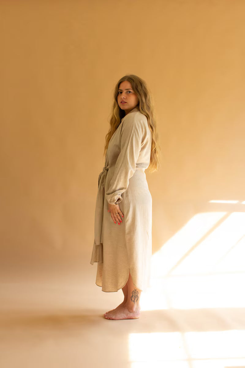 Oatmeal Long-Sleeve Button-Front Dress with Front-Tie Detail
