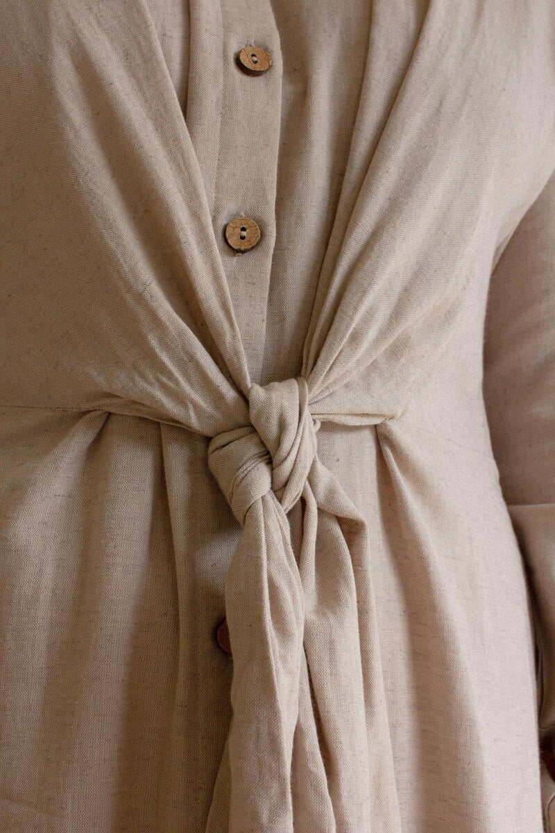 Oatmeal Long-Sleeve Button-Front Dress with Front-Tie Detail