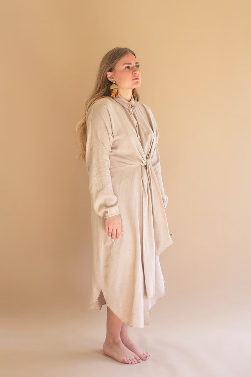 Oatmeal Long-Sleeve Button-Front Dress with Front-Tie Detail