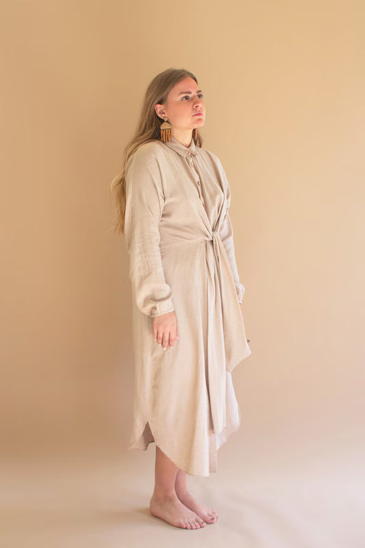 Oatmeal Long-Sleeve Button-Front Dress with Front-Tie Detail