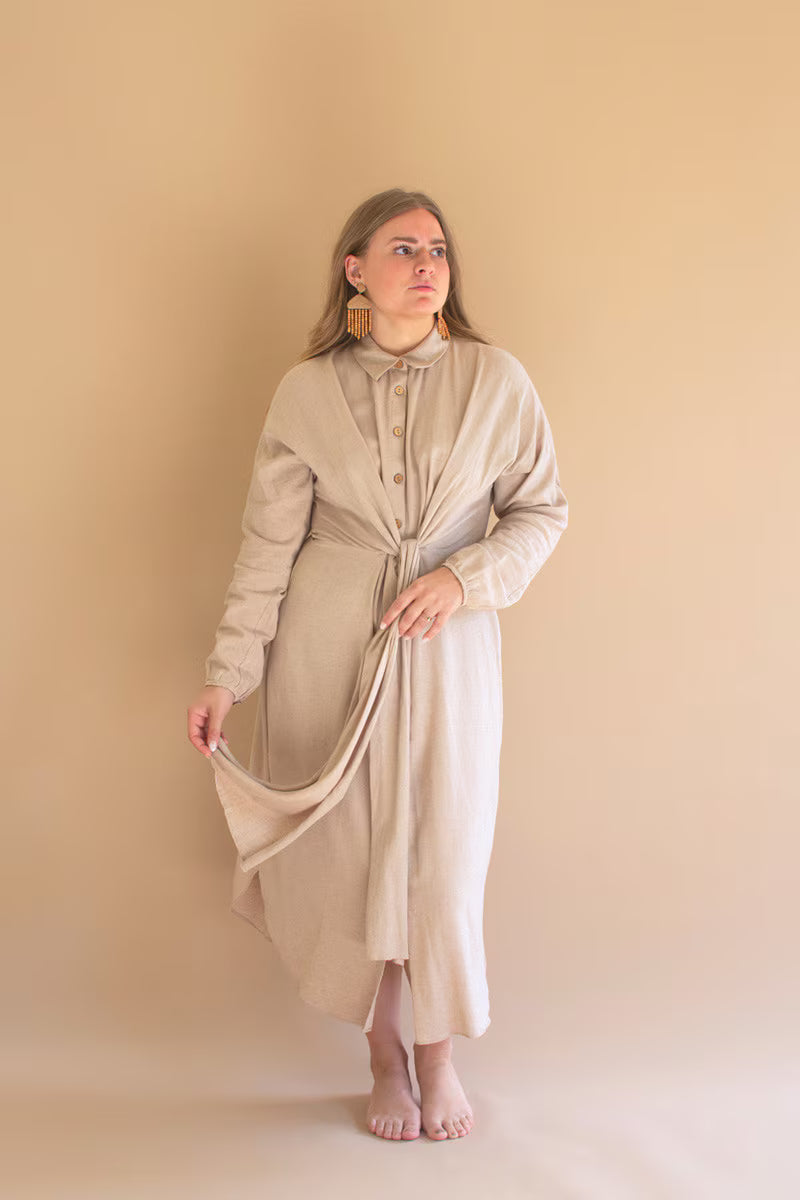 Oatmeal Long-Sleeve Button-Front Dress with Front-Tie Detail
