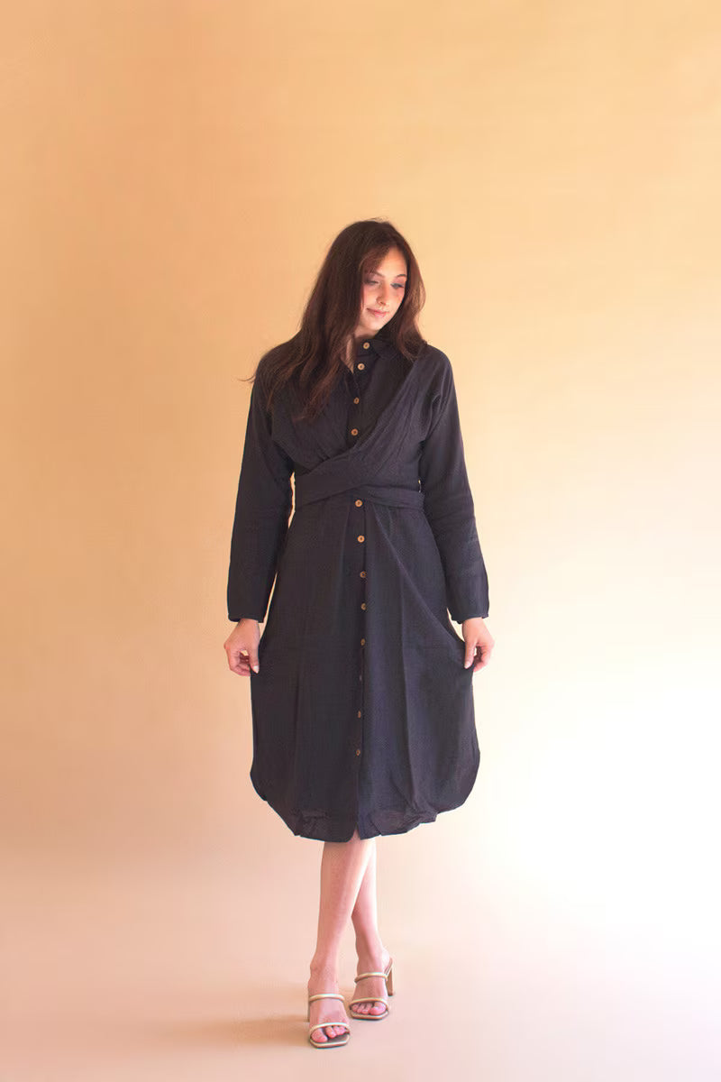 Tie Detail Long-Sleeve Dress with Front