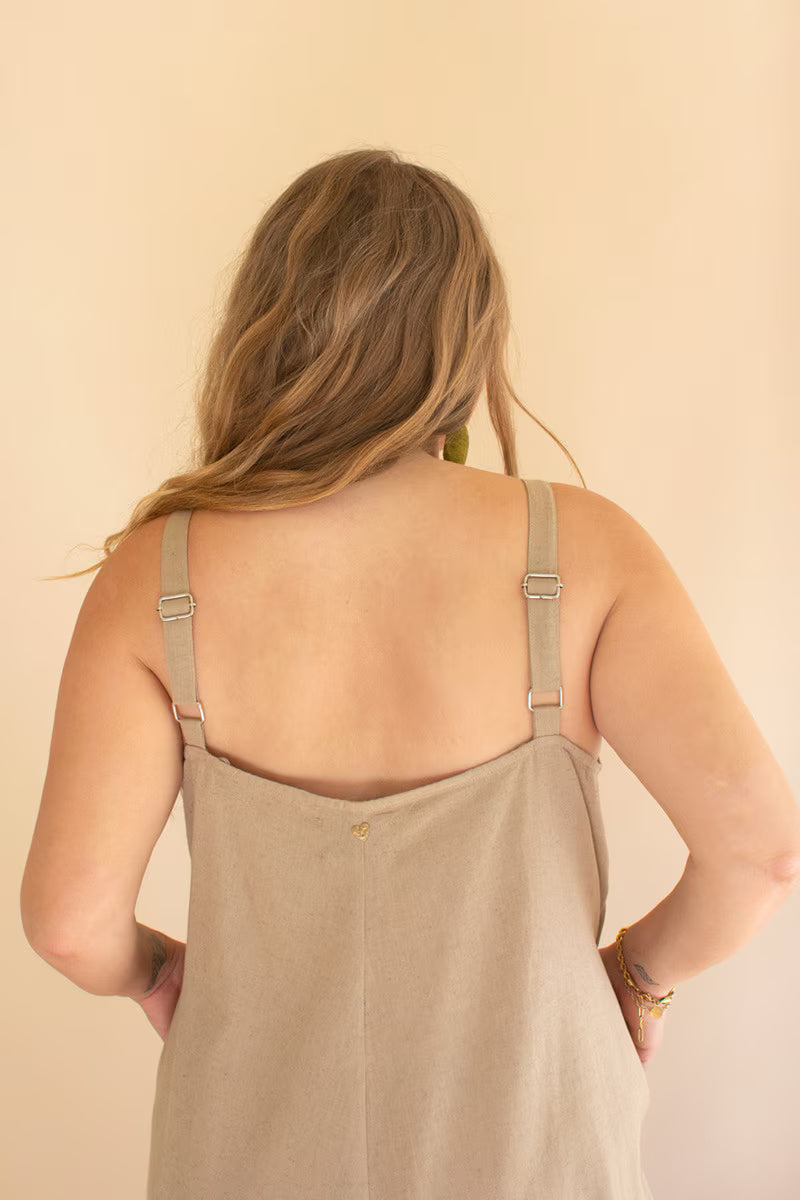 Oatmeal Adjustable Strap Flowy Jumper with Button Detail