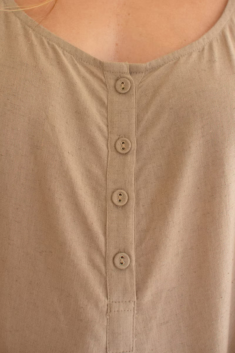 Oatmeal Adjustable Strap Flowy Jumper with Button Detail
