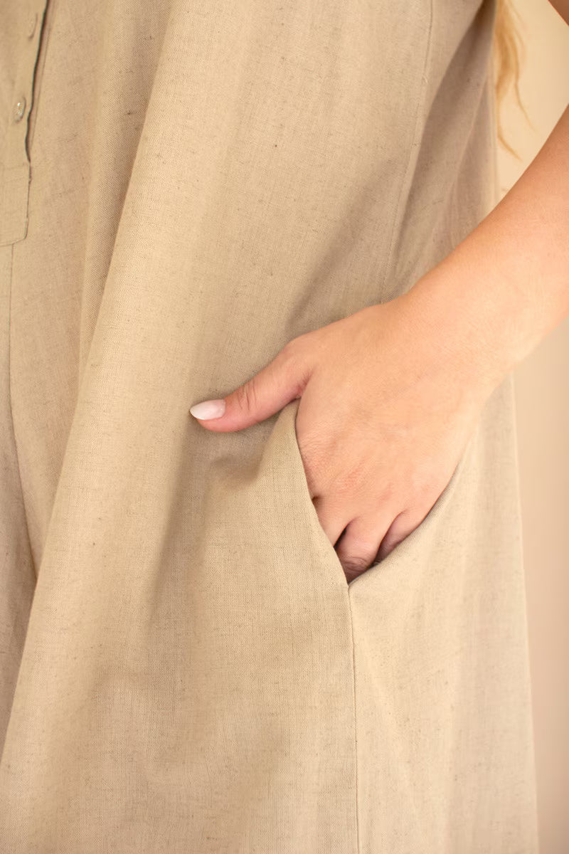 Oatmeal Adjustable Strap Flowy Jumper with Button Detail