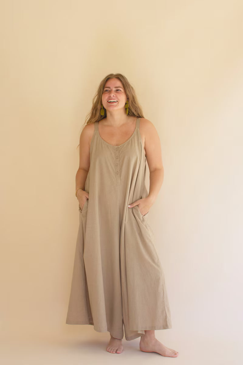 Oatmeal Adjustable Strap Flowy Jumper with Button Detail