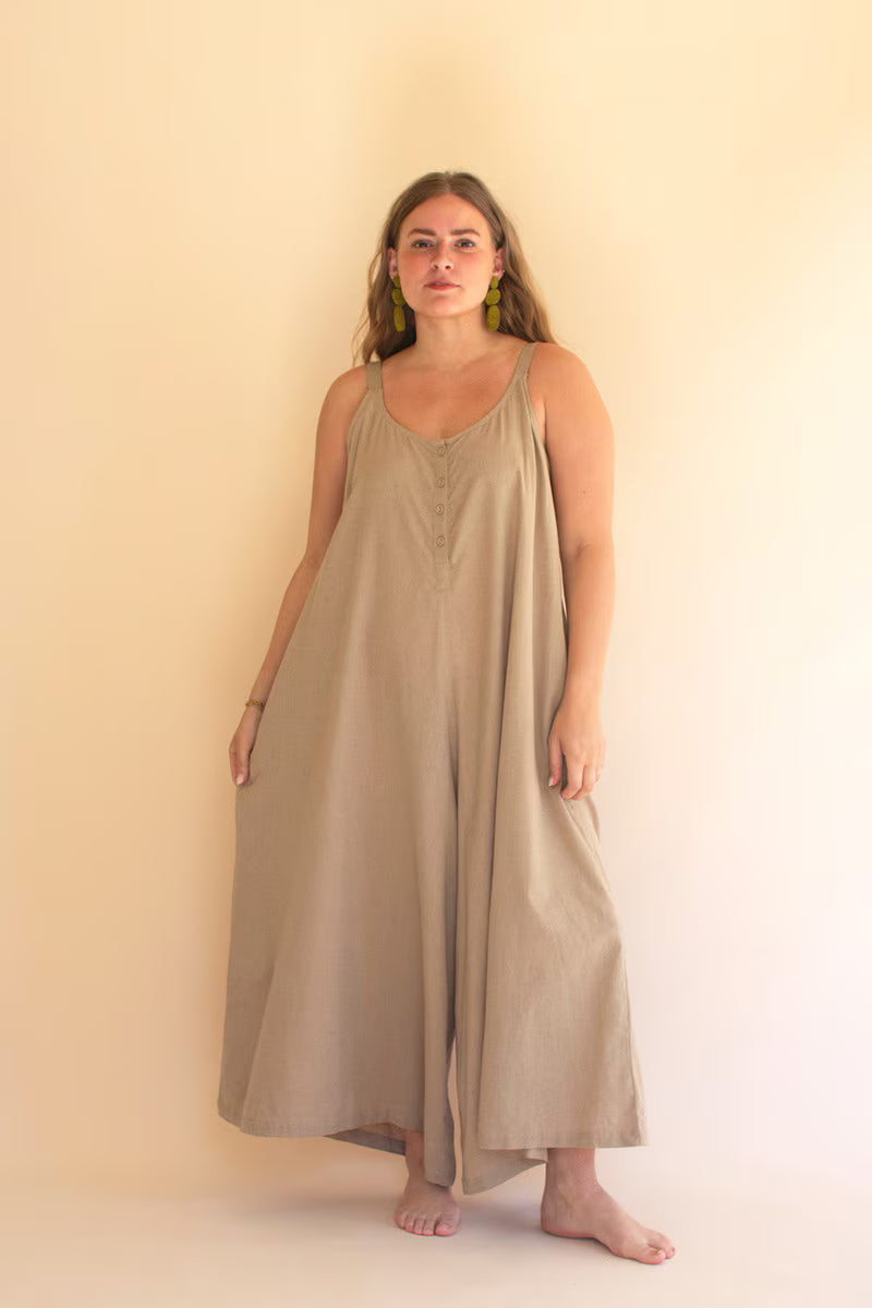 Oatmeal Adjustable Strap Flowy Jumper with Button Detail