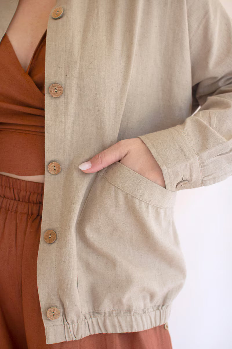 Oatmeal Lightweight Button-Front Bomber Jacket with Front Pockets