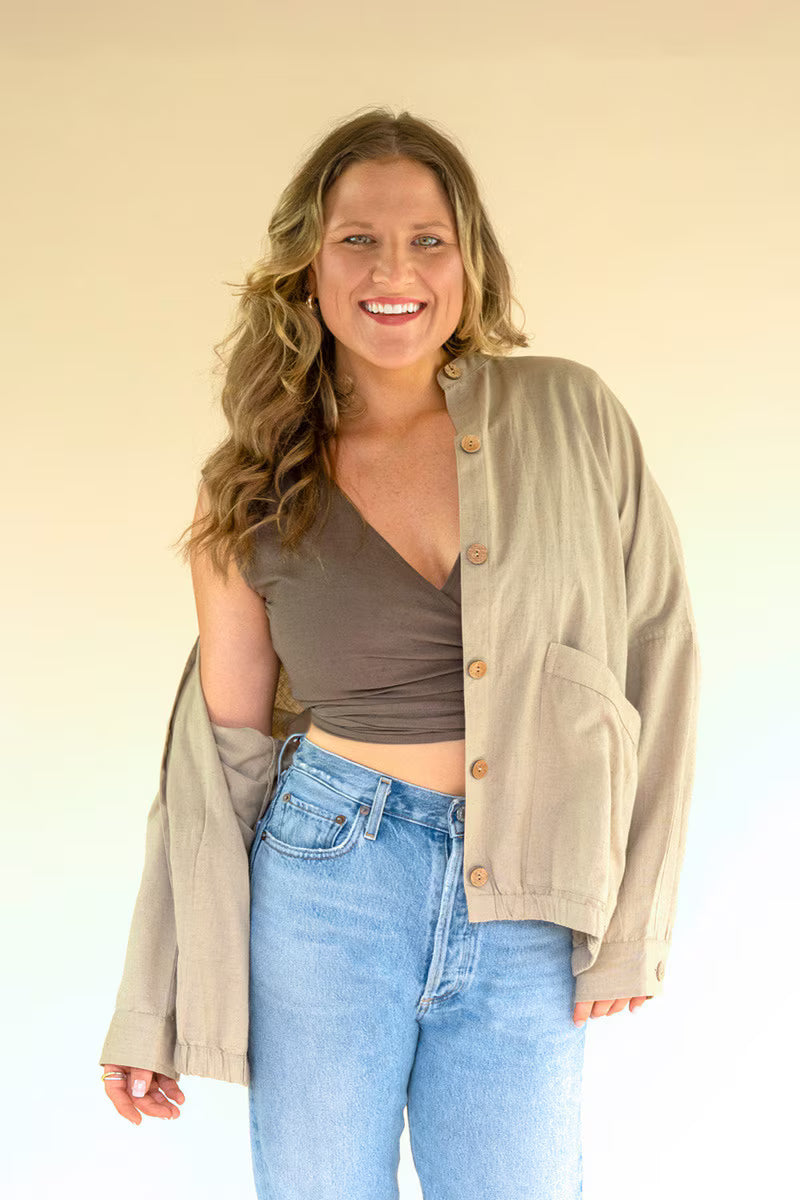 Oatmeal Lightweight Button-Front Bomber Jacket with Front Pockets