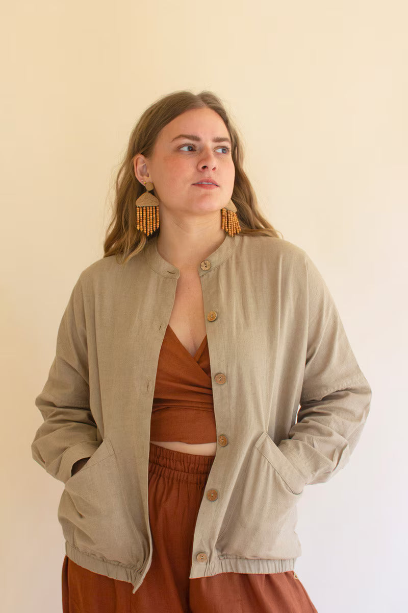 Oatmeal Lightweight Button-Front Bomber Jacket with Front Pockets