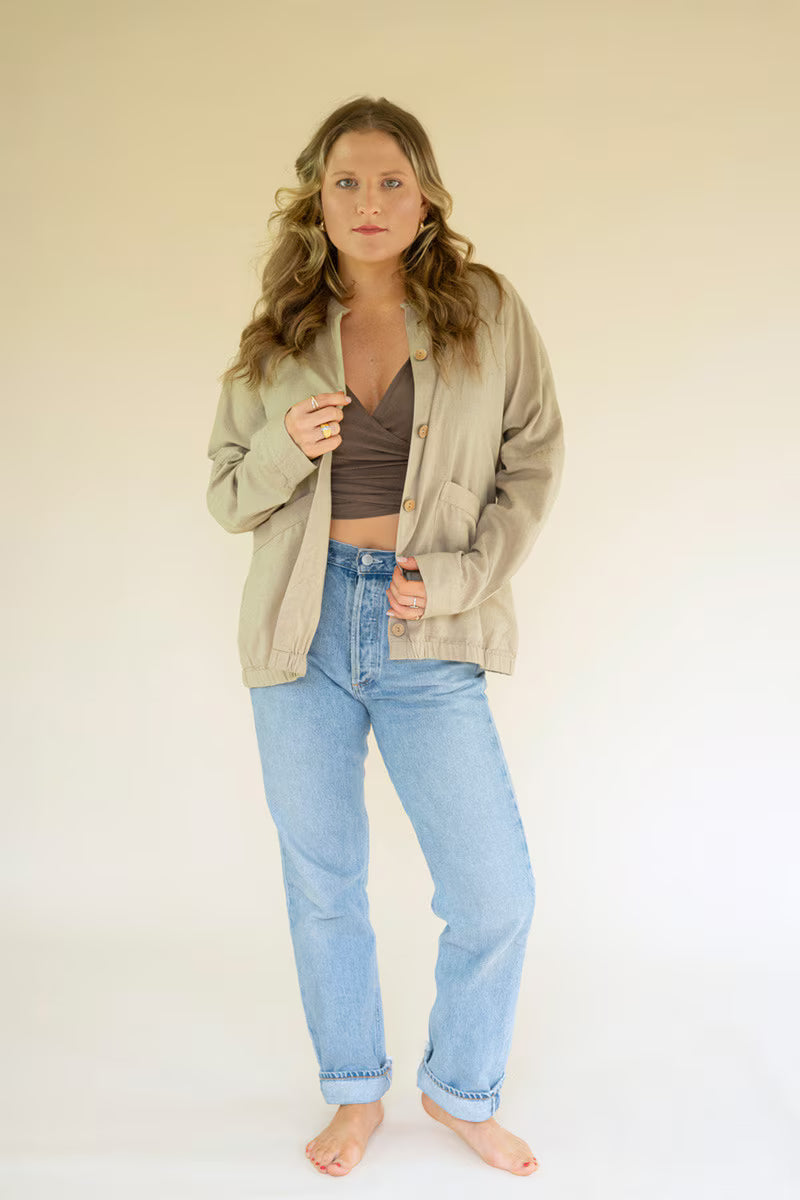 Oatmeal Lightweight Button-Front Bomber Jacket with Front Pockets