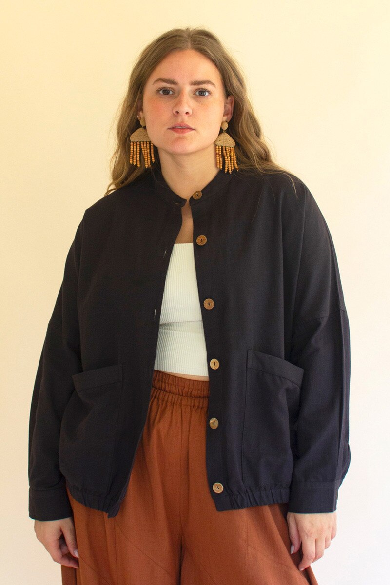 Midnight Lightweight Button-Front Bomber Jacket with Front Pockets