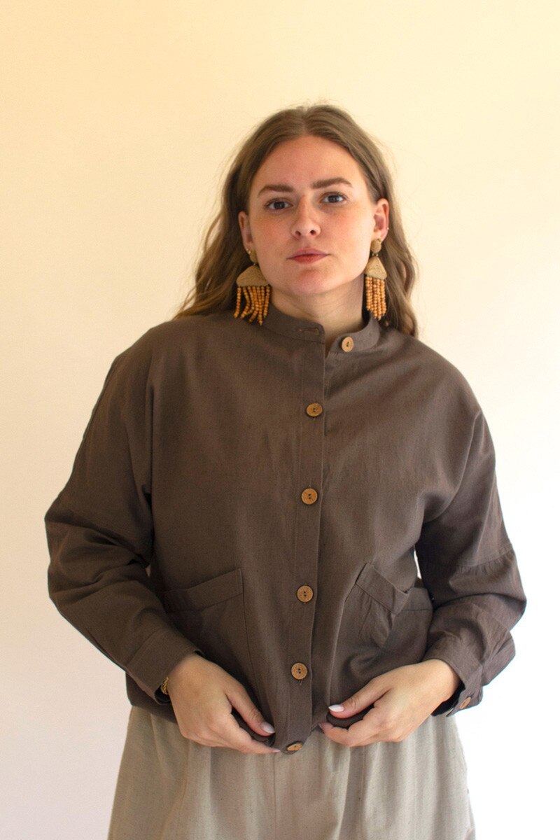 Oregano Lightweight Button-Front Bomber Jacket with Front Pockets