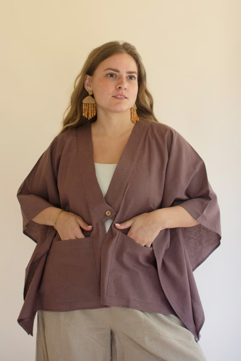 Mulberry Winged-Sleeve Kimono with Front Pockets and Button