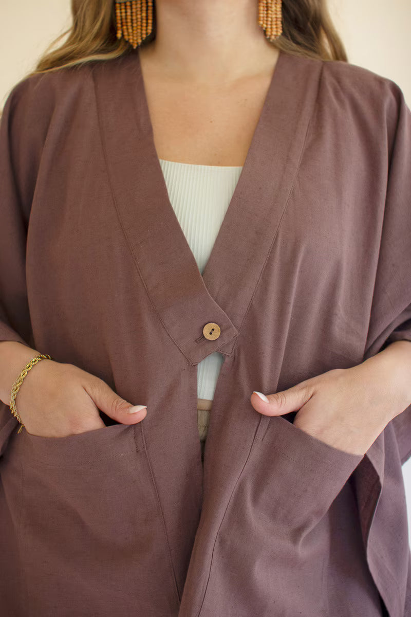 Mulberry Winged-Sleeve Kimono with Front Pockets and Button
