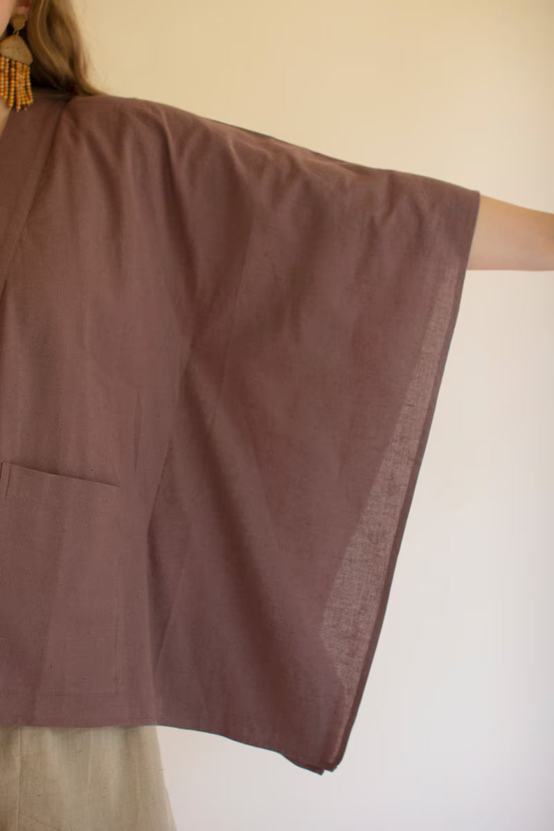 Mulberry Winged-Sleeve Kimono with Front Pockets and Button
