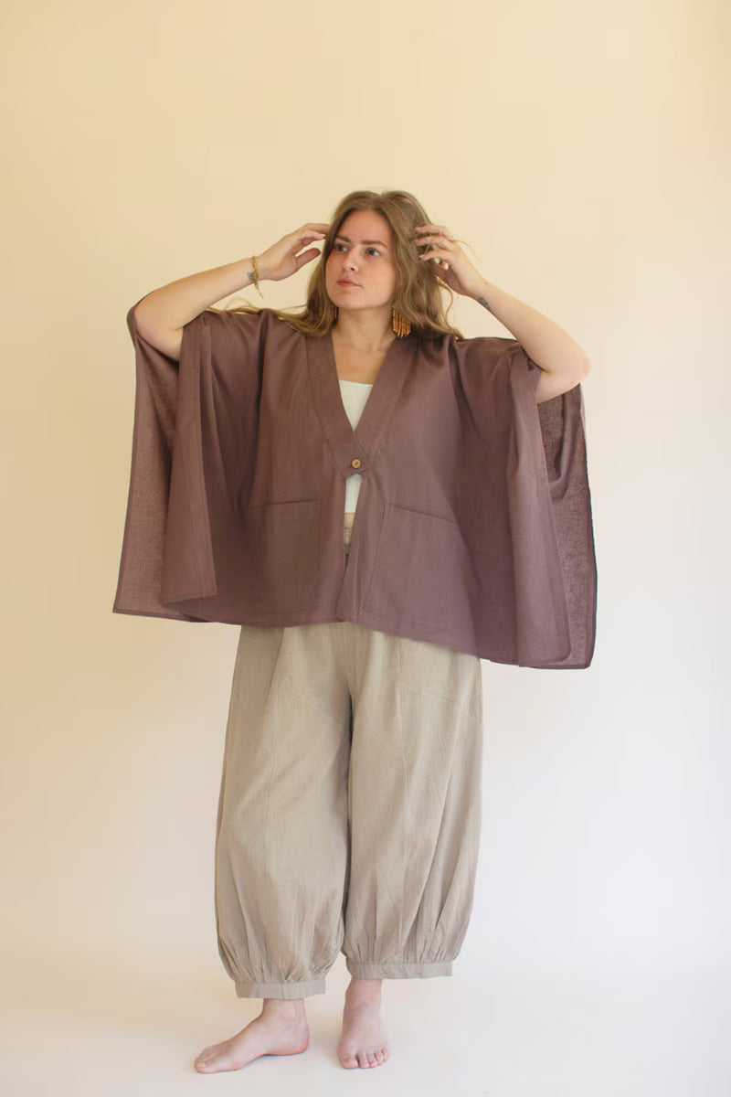 Mulberry Winged-Sleeve Kimono with Front Pockets and Button