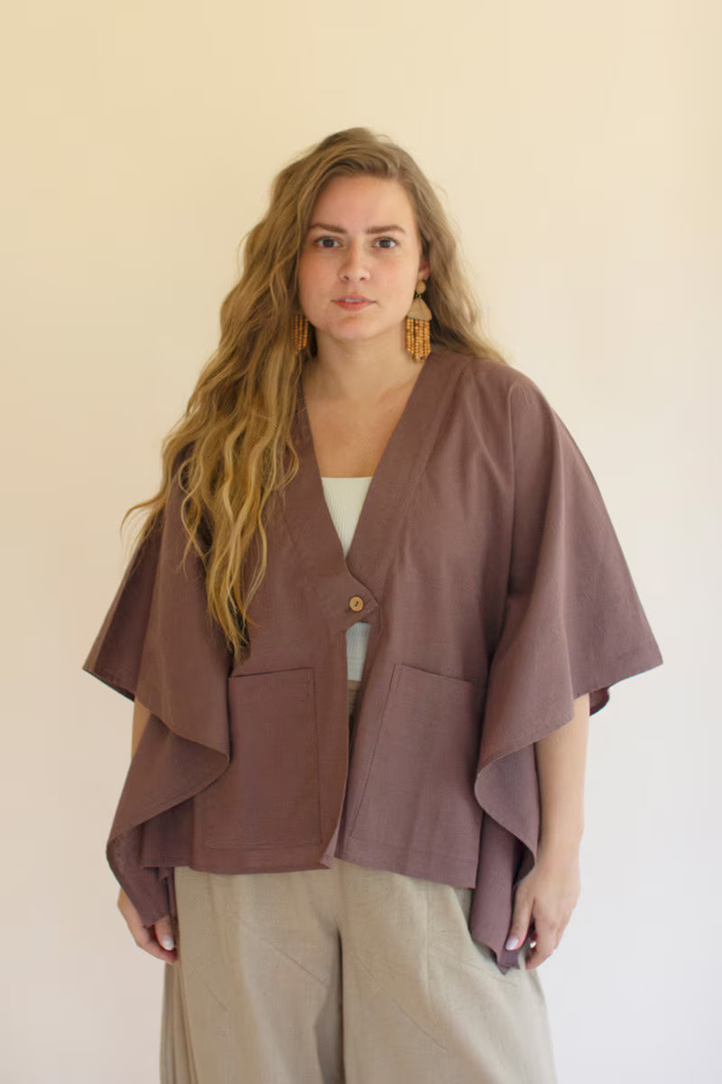 Mulberry Winged-Sleeve Kimono with Front Pockets and Button