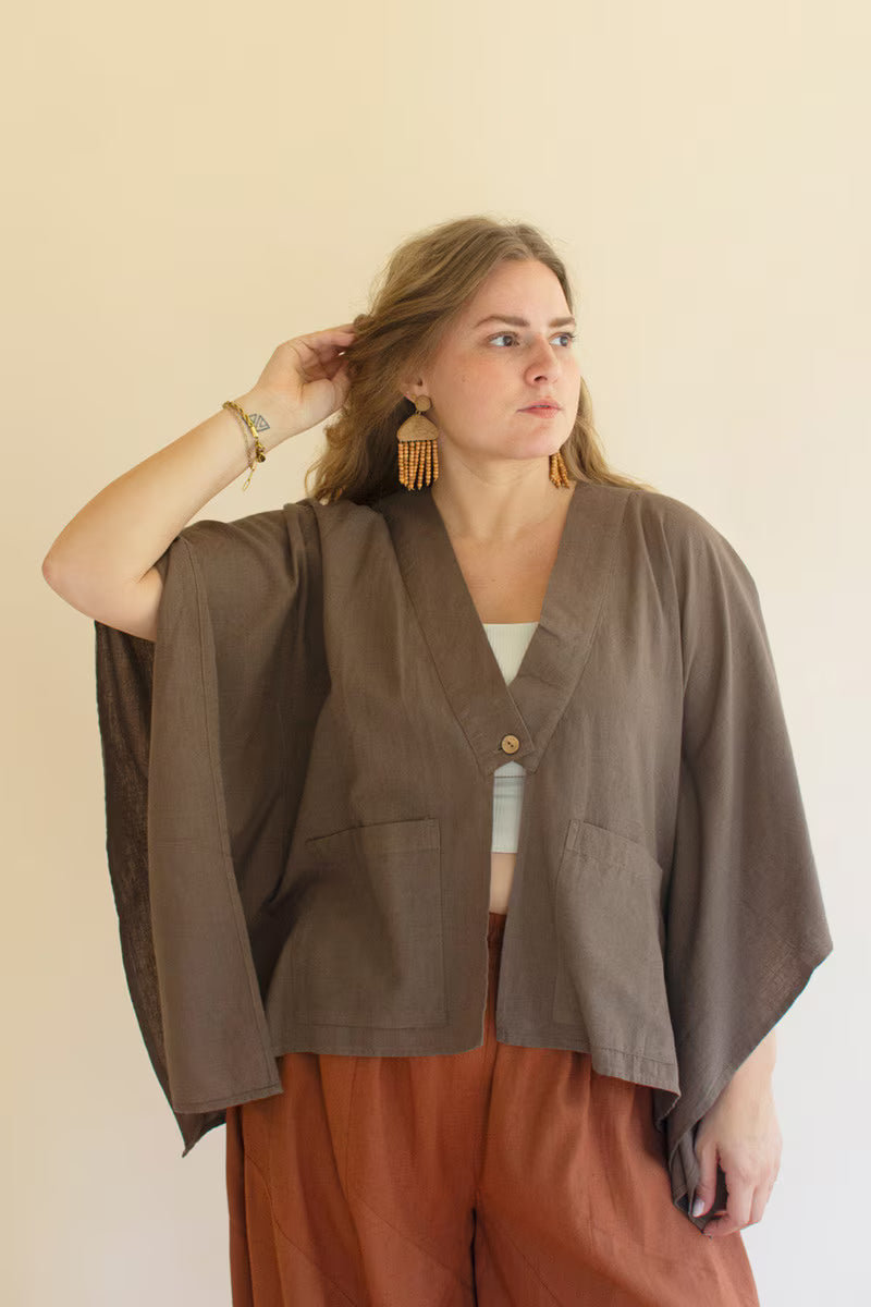 Oregano Winged-Sleeve Kimono with Front Pockets and Button