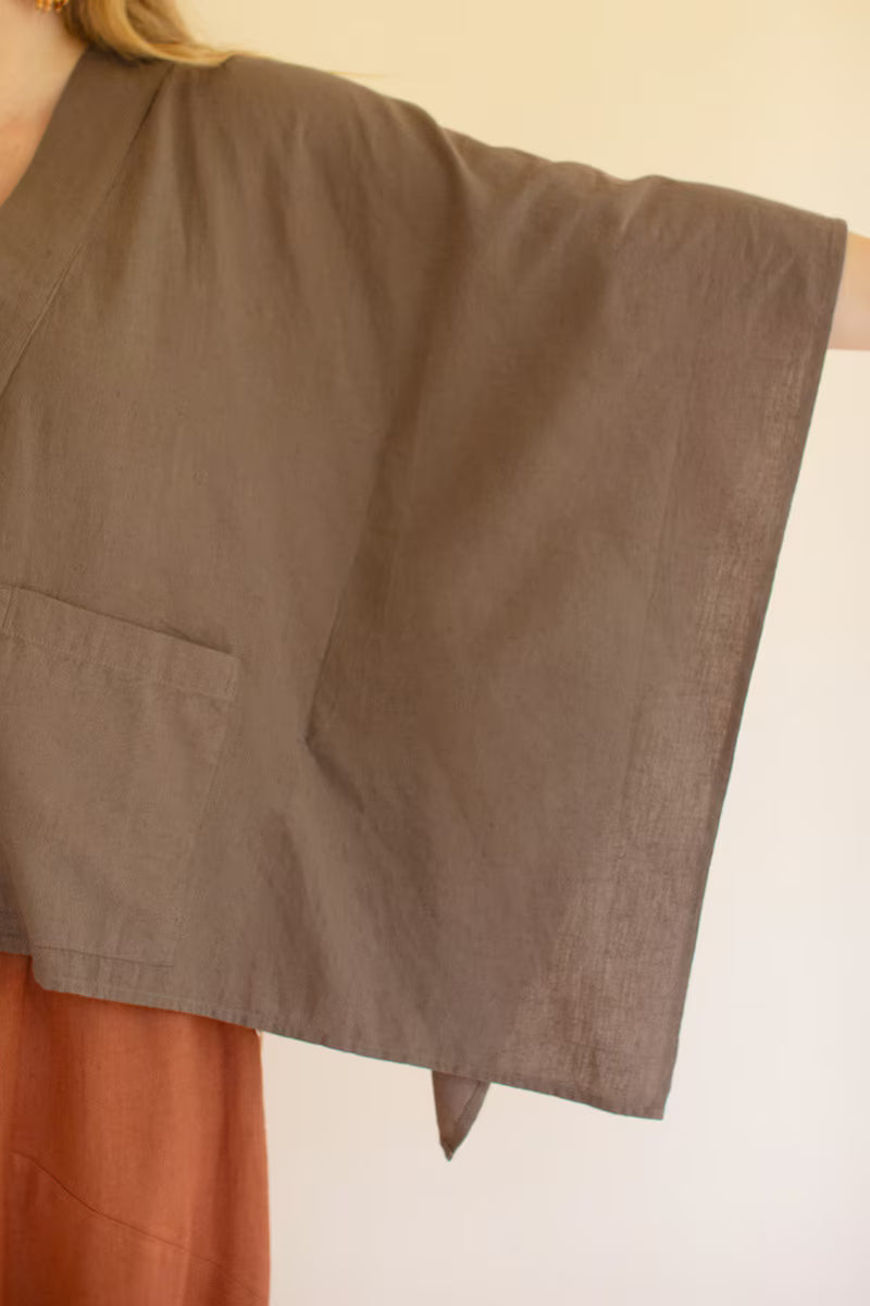 Oregano Winged-Sleeve Kimono with Front Pockets and Button