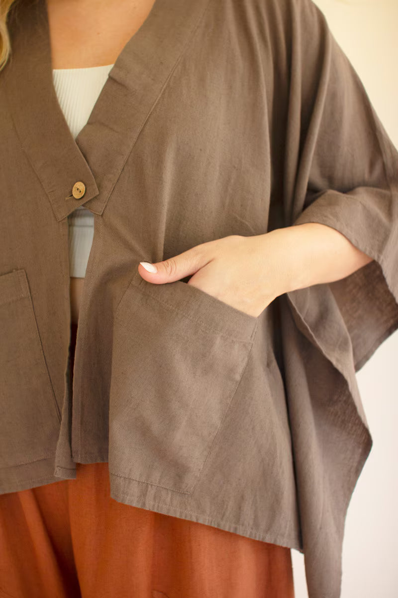 Oregano Winged-Sleeve Kimono with Front Pockets and Button