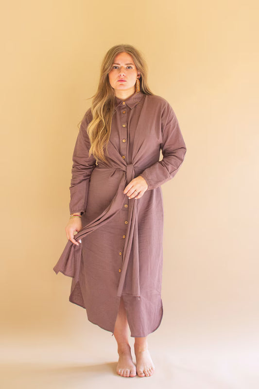 Mulberry Long-Sleeve Button-Front Dress with Front-Tie Detail