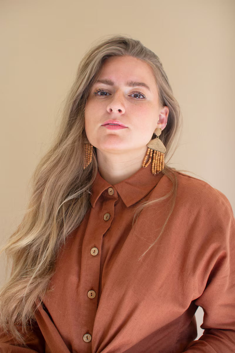 Cinnamon Long-Sleeve Button-Front Dress with Front-Tie Detail