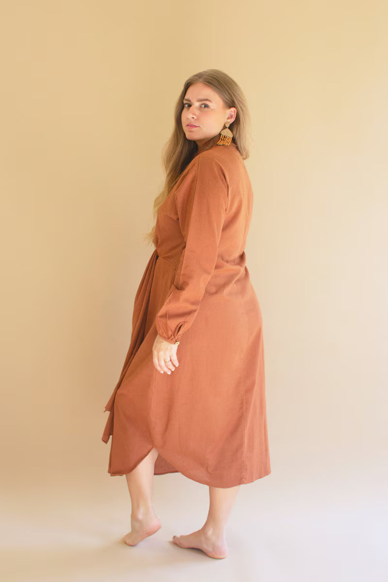 Cinnamon Long-Sleeve Button-Front Dress with Front-Tie Detail