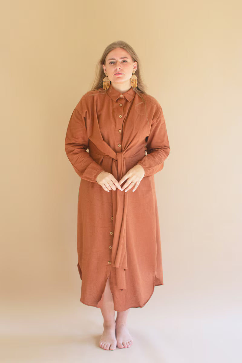 Cinnamon Long-Sleeve Button-Front Dress with Front-Tie Detail