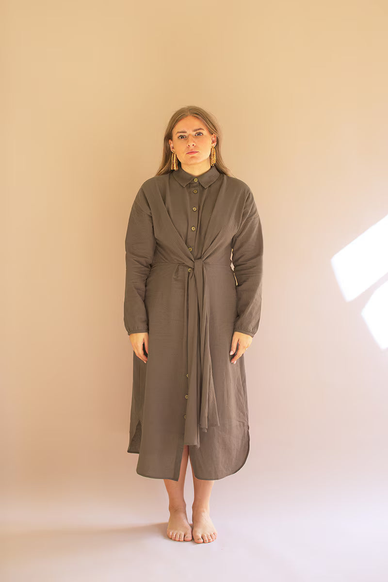Oregano Long-Sleeve Button-Front Dress with Front-Tie Detail