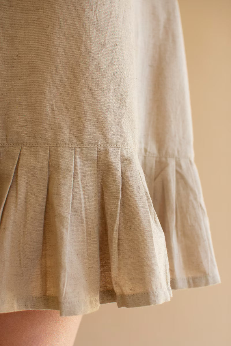 Oatmeal Tie-Shoulder Dress with Pleated Hem