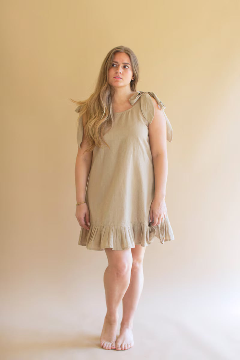 Oatmeal Tie-Shoulder Dress with Pleated Hem